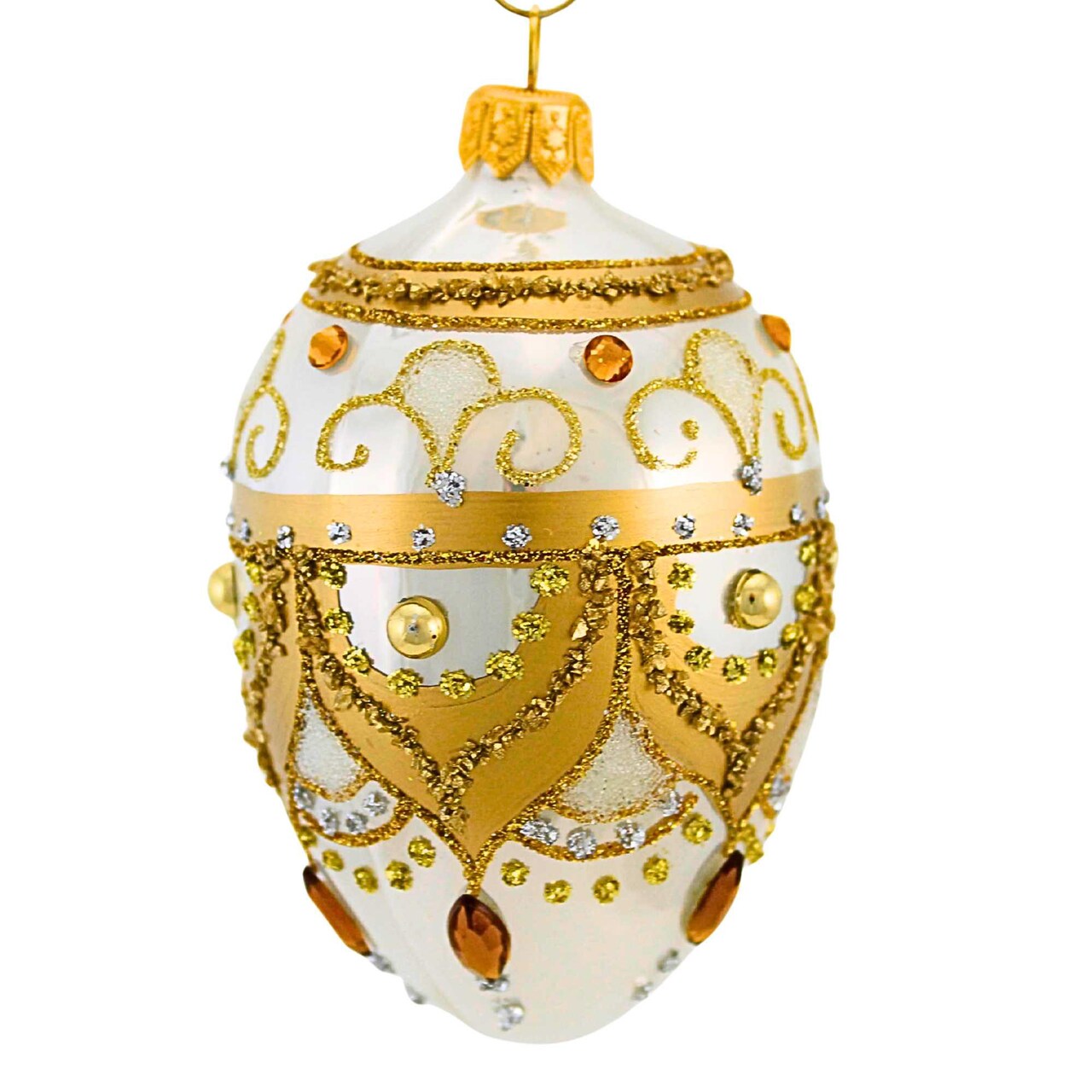 Miss Christmas 4.5 Inch Small White And Gold Faberge Egg Christmas Tree Ornament , Christmas Decor Easter Retro Style